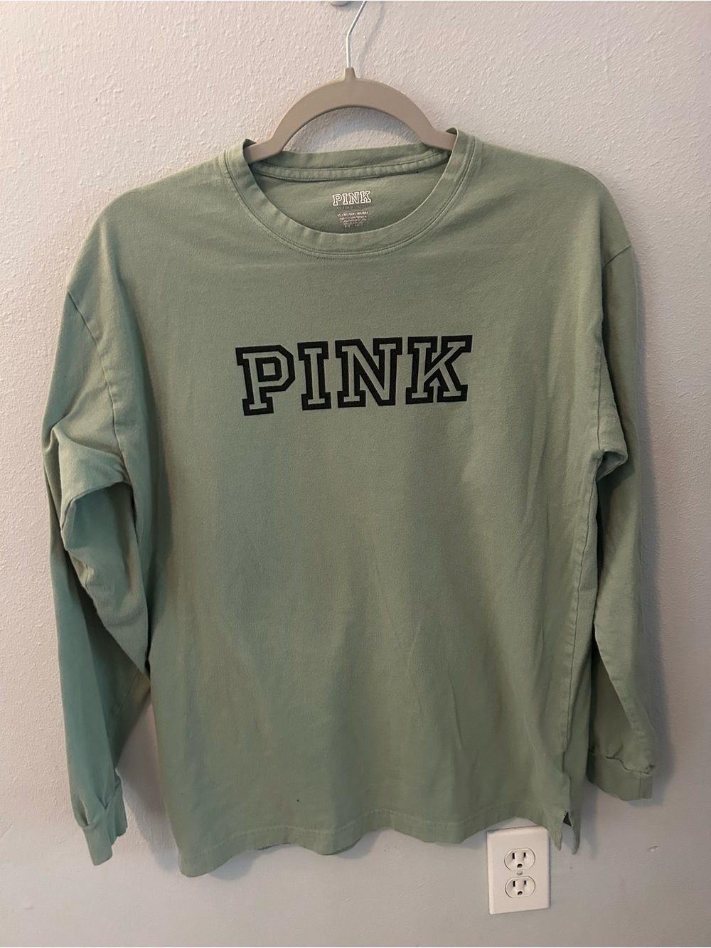 PINK Victoria's Secret Sage Green Long Sleeve with Black Logo